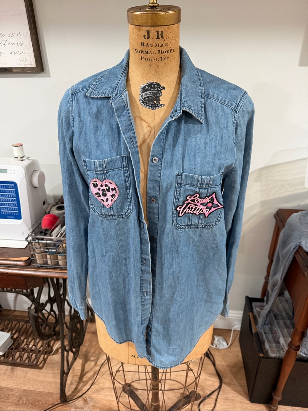 Express Blue Denim Button-Down Shirt with Pink Patch Accents